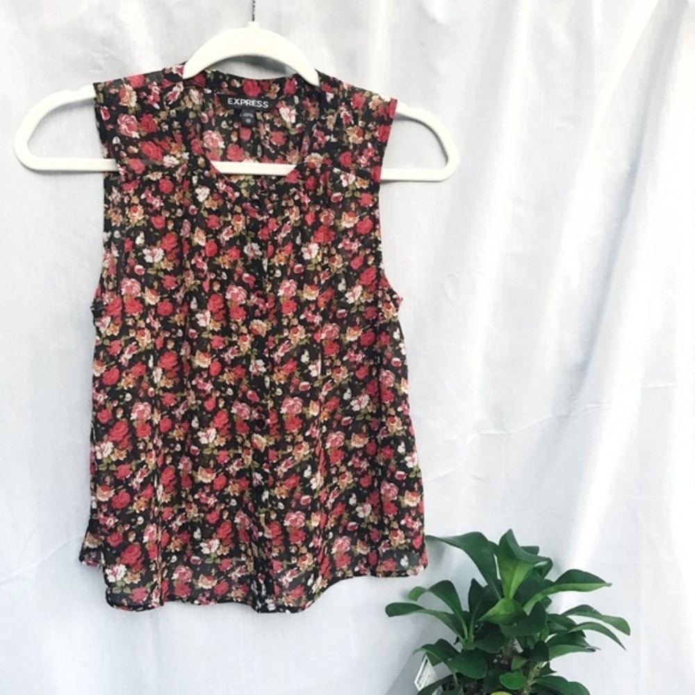 EXPRESS Semi-sheer Floral Button Up Sleeveless Top